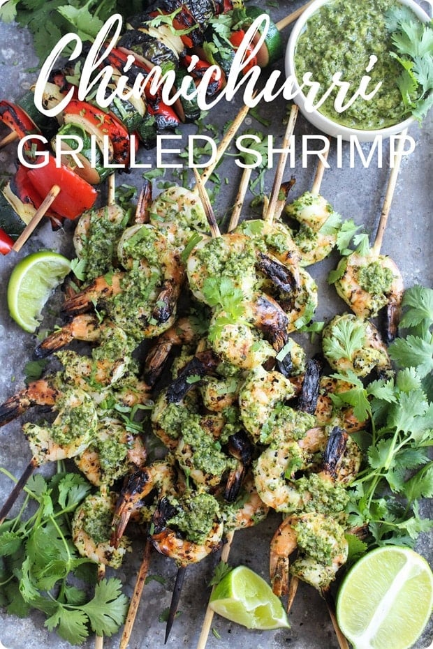 chimichurri grilled shrimp skewers on a sheet pan