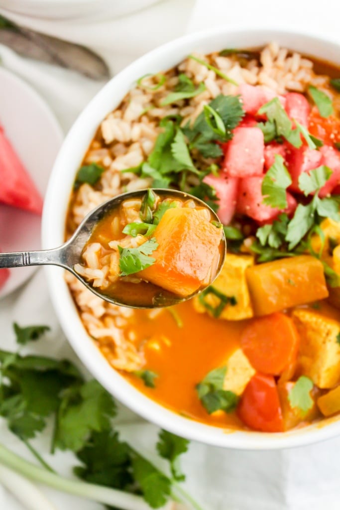 close up of tofu curry with watermelon rind and rice in a white bowl