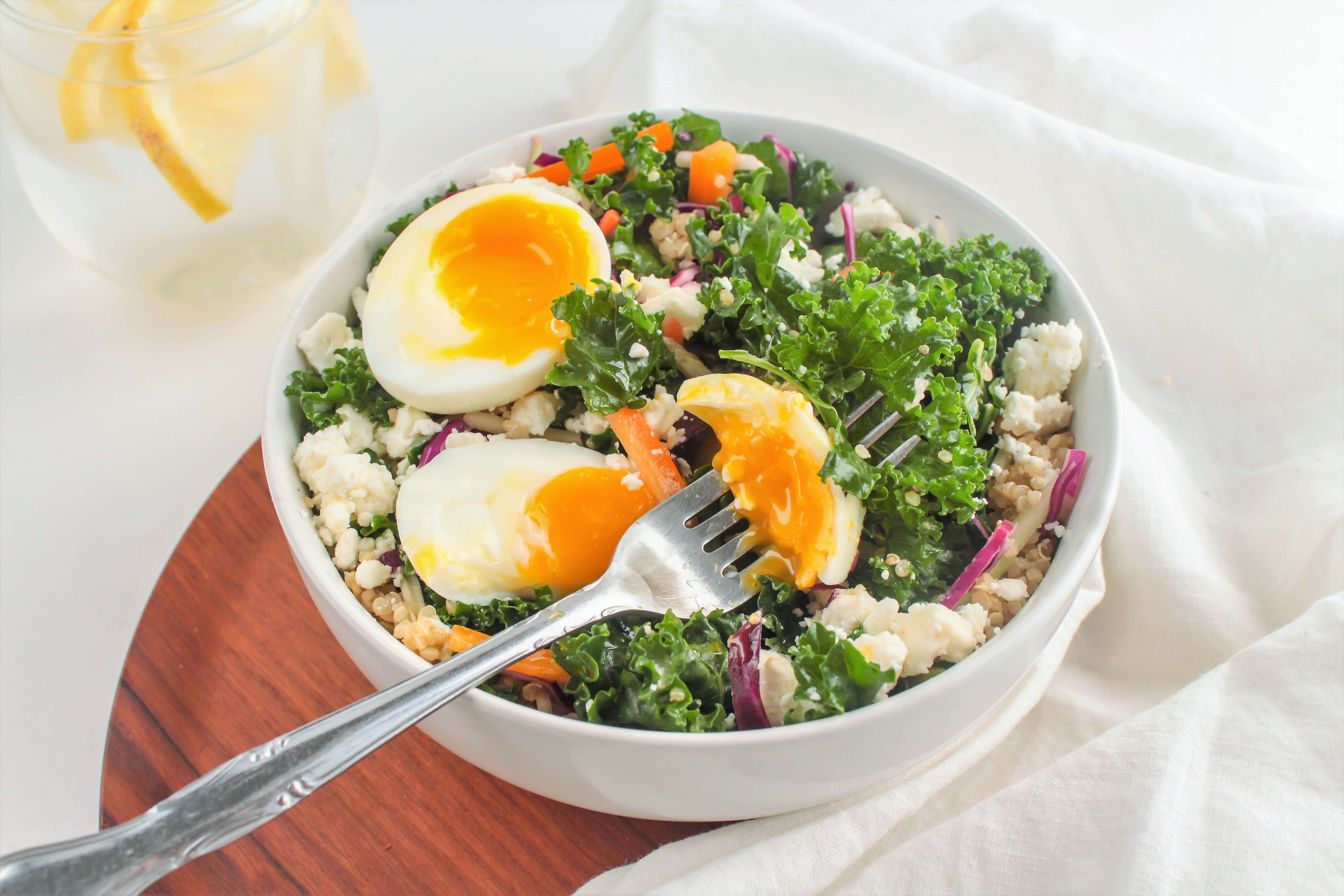 Kale and Quinoa Salad with Soft Boiled Eggs food