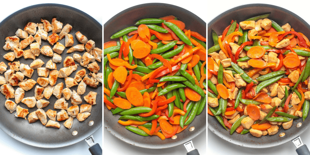 chicken and veggie stir fry ingredients in a skillet