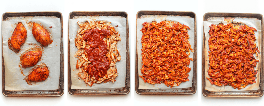 shredded chicken on a sheet pan