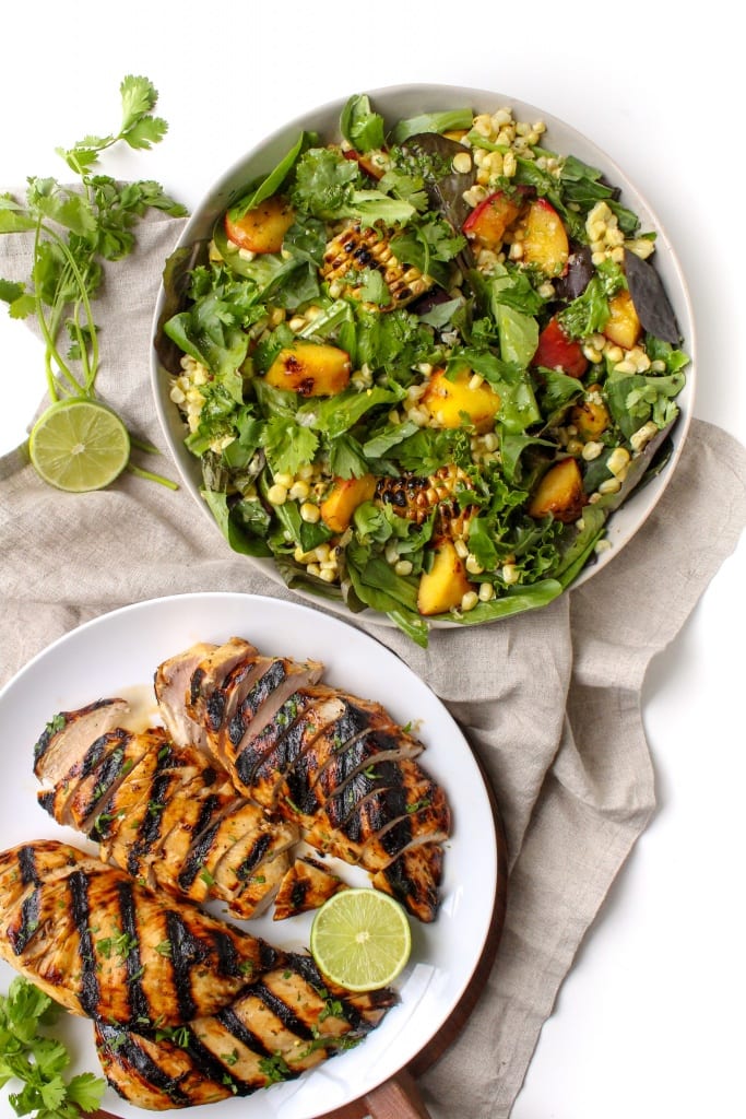 honey lime grilled chicken salad with peaches and corn