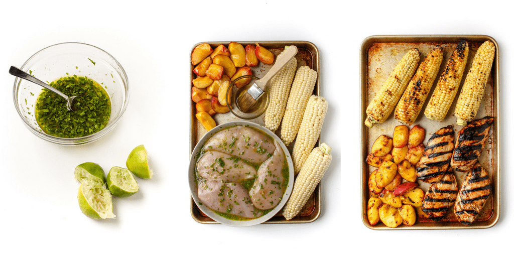 honey lime grilled chicken marinade in a bowl with chicken breasts, corn, and peaches on a sheet pan beside it