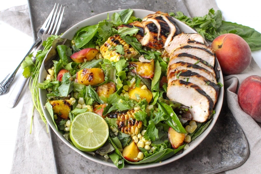 honey lime grilled chicken salad with peaches and corn