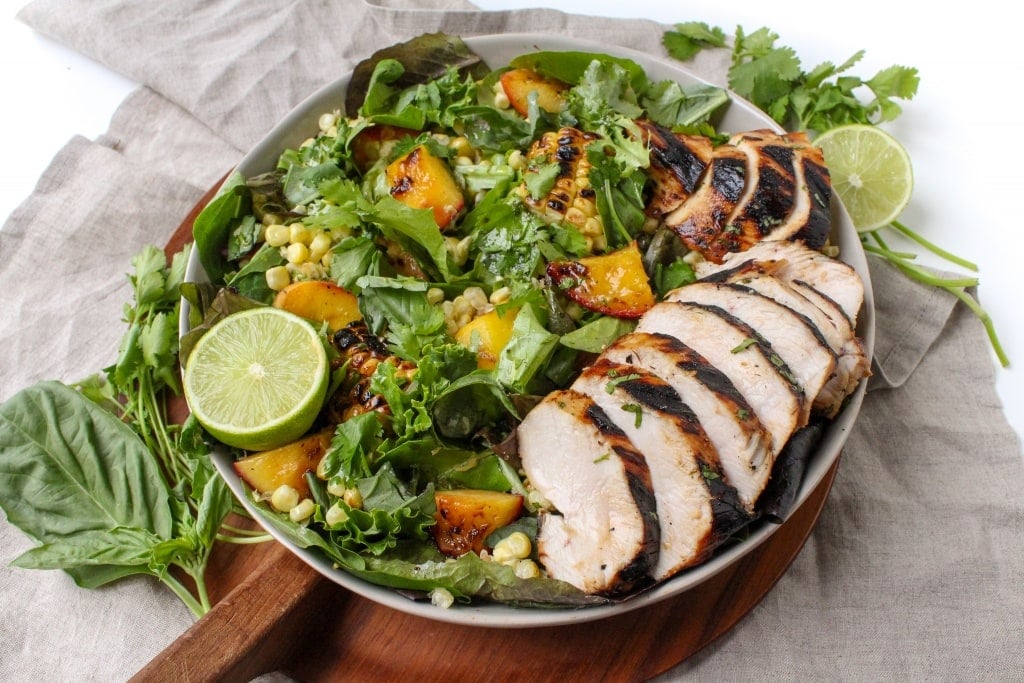 Honey Lime Chicken with Grilled Peach and Corn Salad recipe