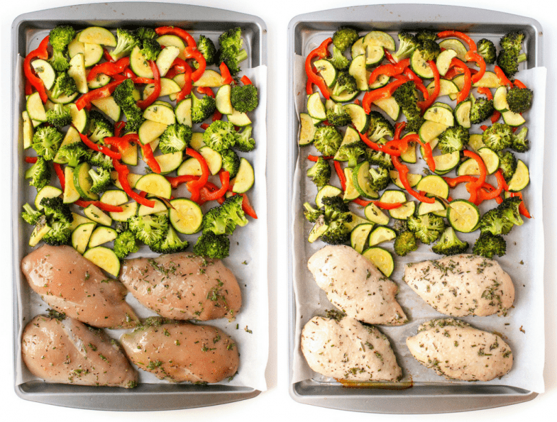 chicken and veggies on a sheet pan