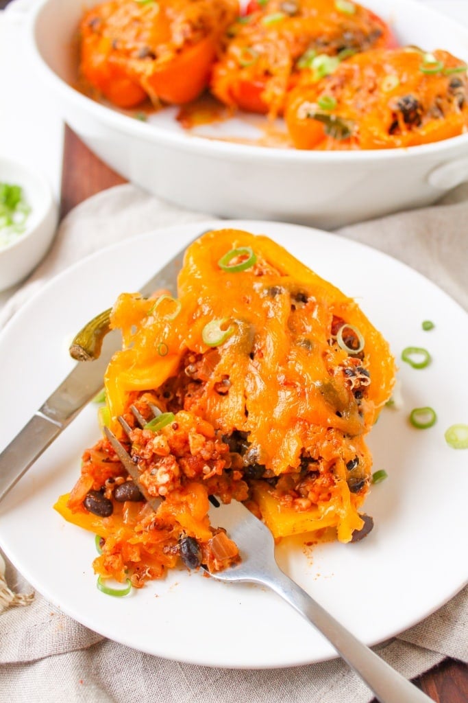 Crumbled Tempeh + Black Beans + Quinoa + Mexican-Inspired Seasoning + Shredded Cheddar Cheese mix and match stuffed peppers recipe