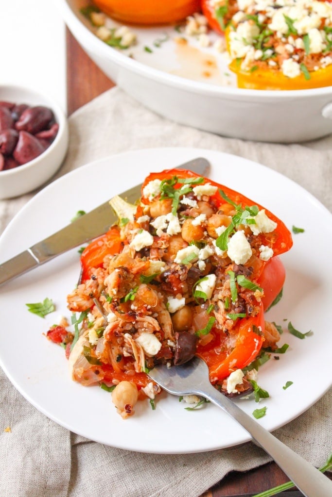 Mediterranean chicken stuffed peppers with quinoa and feta