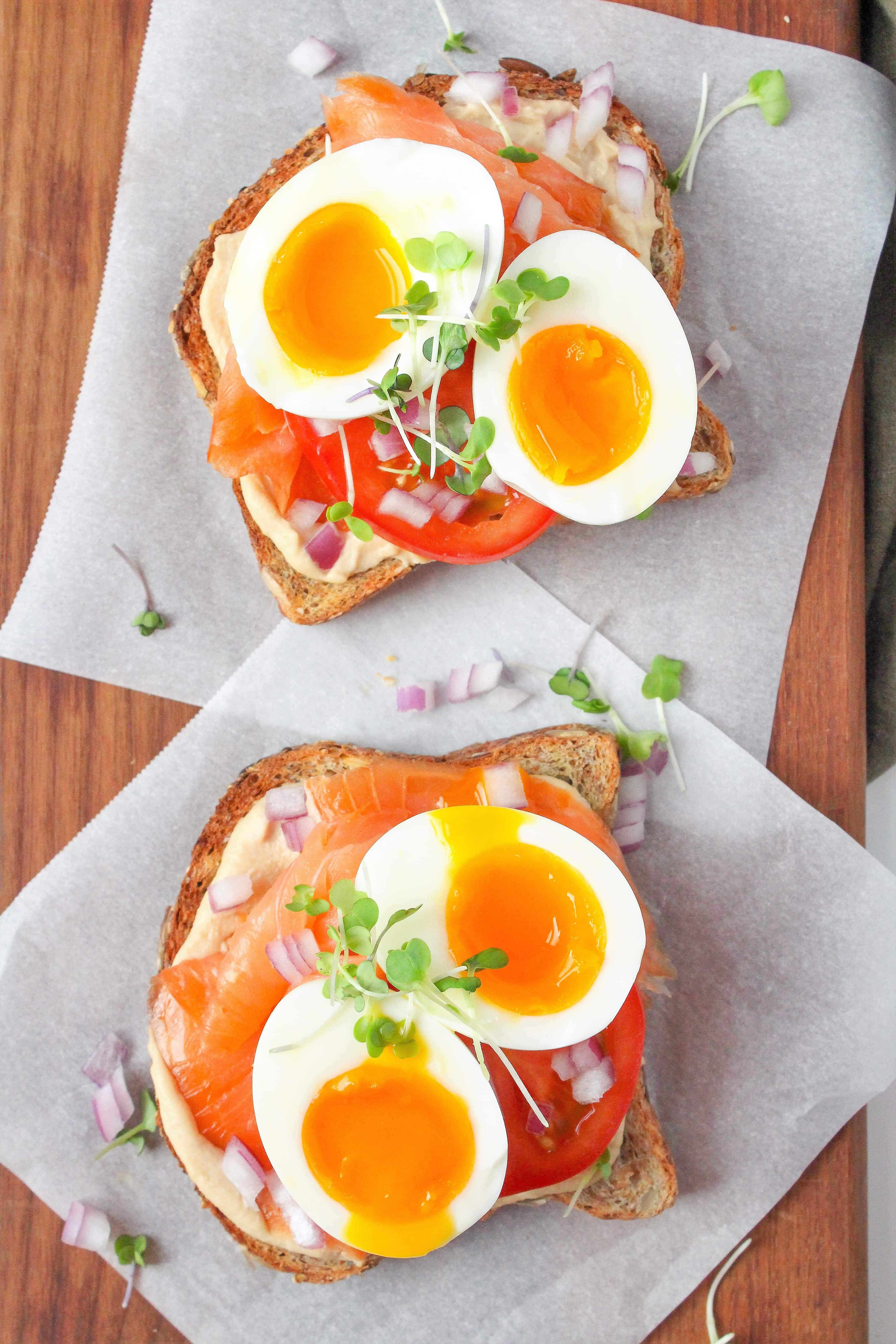 Easy Hummus Toast Recipe with Smoked Salmon and Soft Boiled Eggs