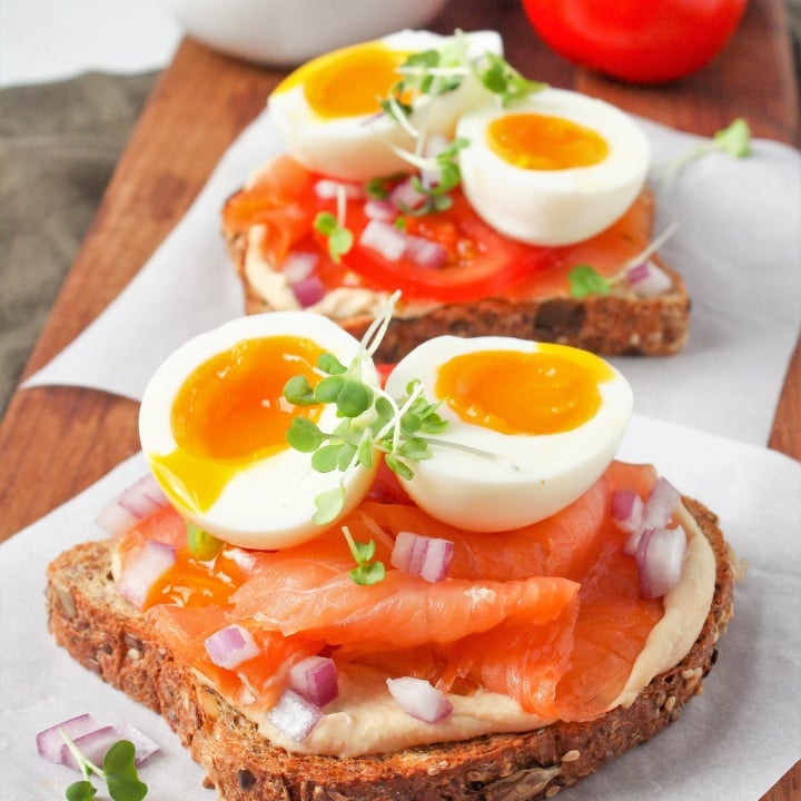 Easy Hummus Toast with Smoked Salmon and Soft Boiled Eggs