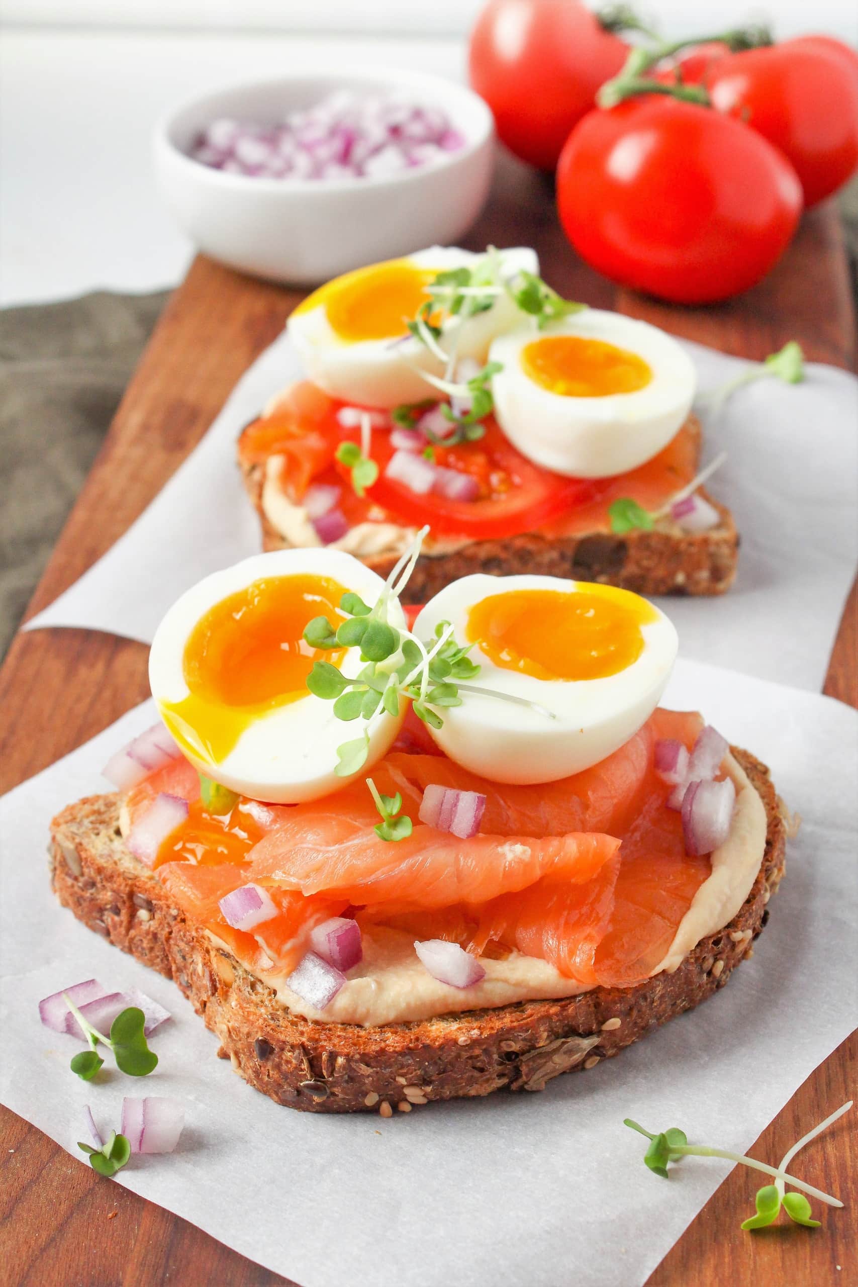 Easy Hummus Toast Recipe with Smoked Salmon and Soft Boiled Eggs