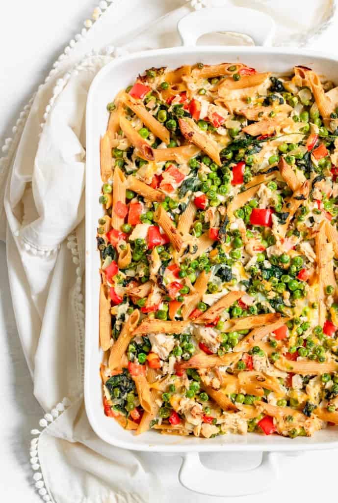 healthy tuna noodle casserole in a baking dish