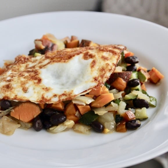 sweet potato hash with fried eggs