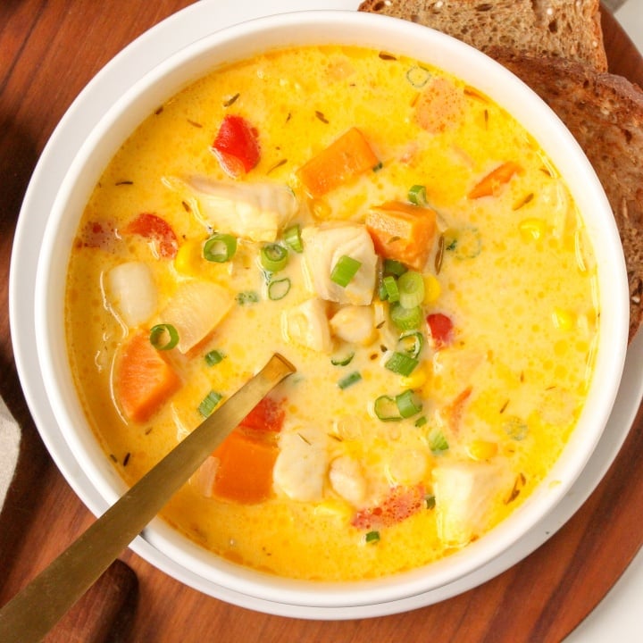 healthy seafood chowder with sweet potato