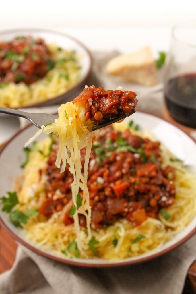 instant pot spaghetti squash and vegan lentil bolognese on a plate