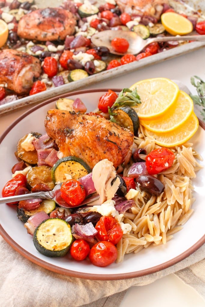 mediterranean sheet pan chicken with orzo