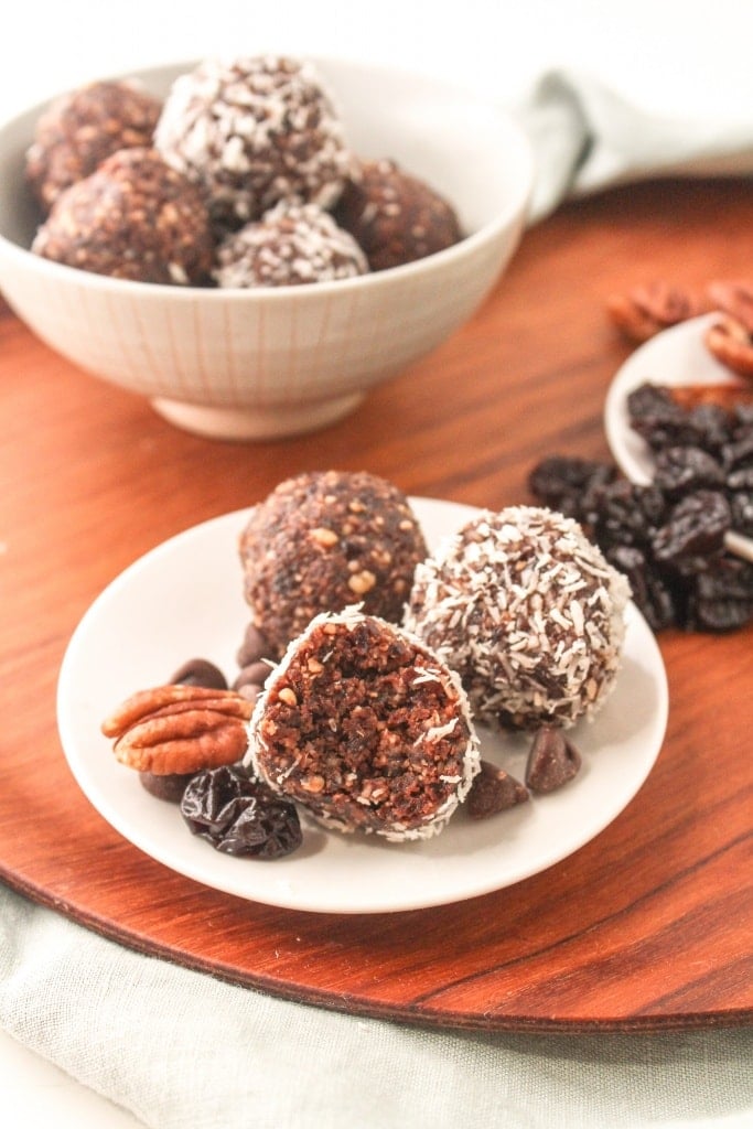 basic no bake energy ball recipe formula Pecans + Cherries + Coconut + Cocoa Powder ingredients