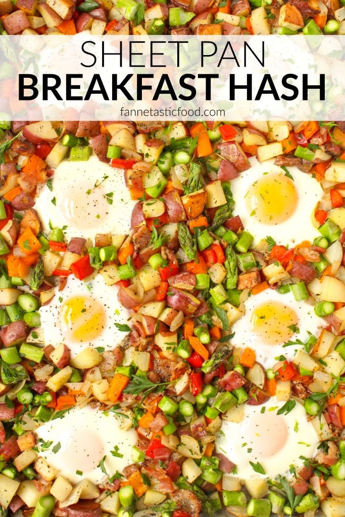 sheet pan eggs with potatoes, vegetables, and bacon