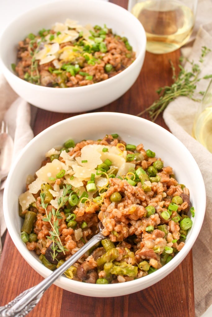 farro risotto with mushrooms, peas, asparagus, and shaved parmesan