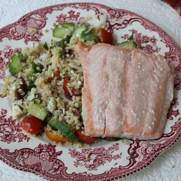 salmon with mediterranean bulgur salad