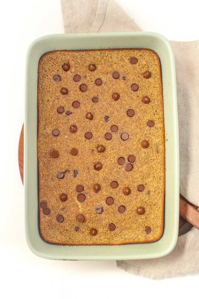 baked quinoa bars with chocolate chips in a baking dish