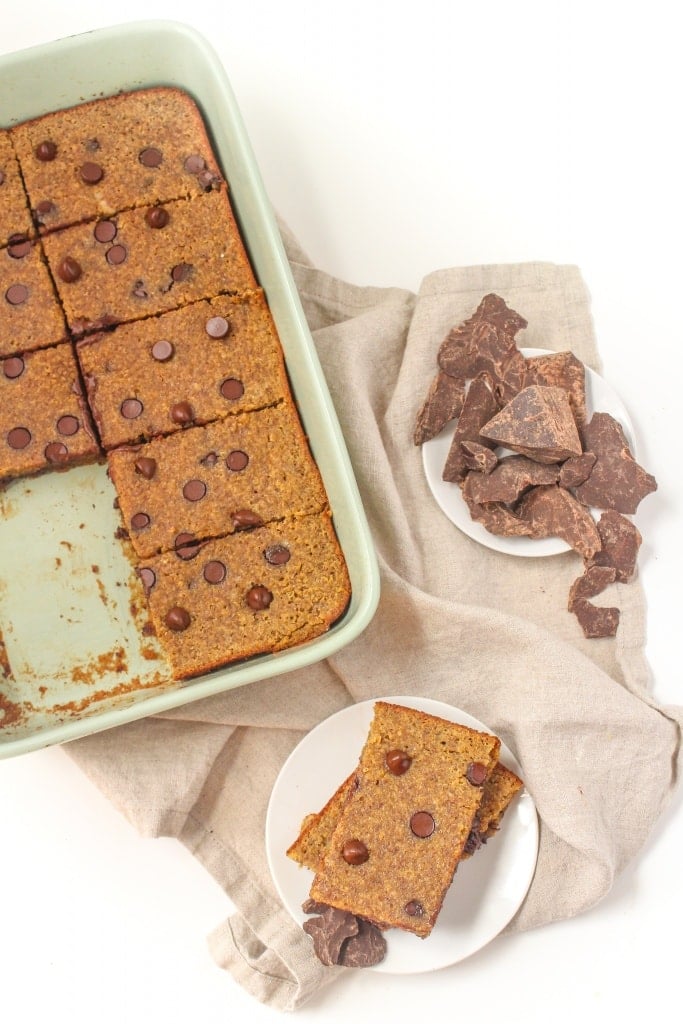 quinoa bars with chocolate chips sliced and stacked on a plate