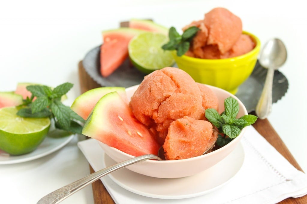 watermelon mojito sorbet scooped into a bowl
