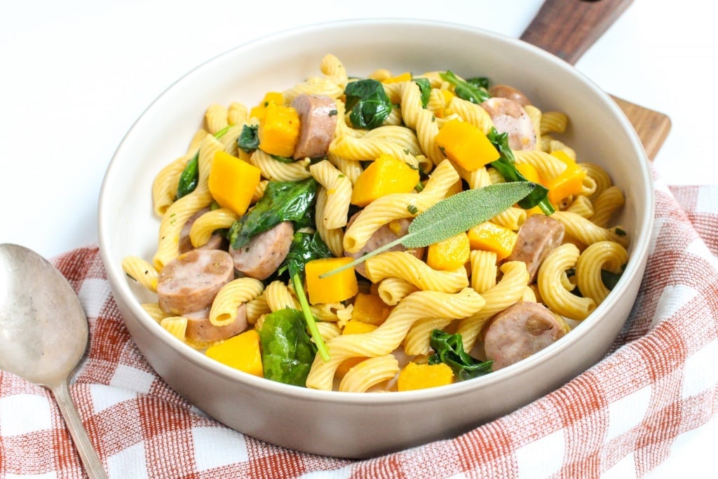 chickpea pasta dinner with chicken sausage and butternut squash