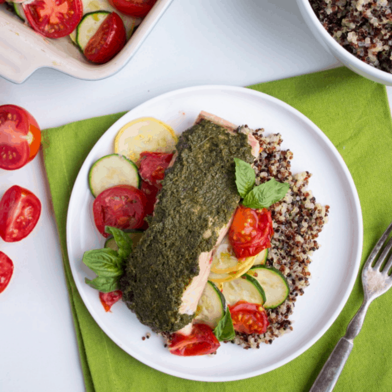Baked Pesto Salmon with Veggies food