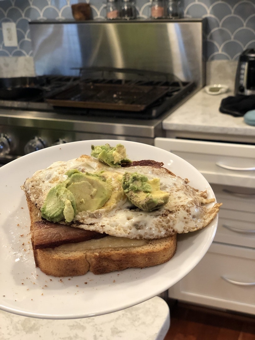 cheese toast with bacon eggs avocado