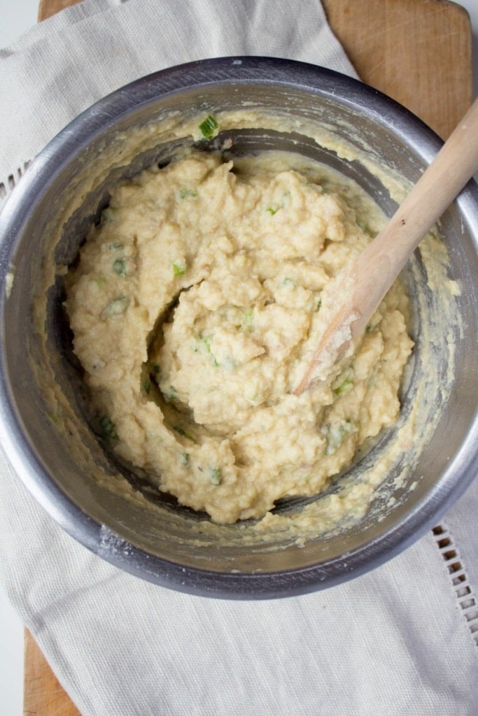 mashed potato pancake mixture in a bowl