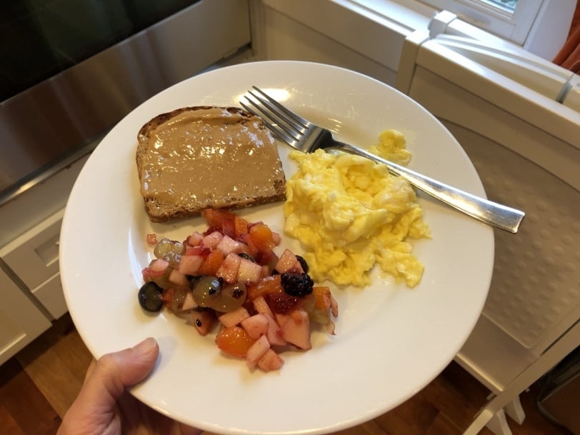 easy breakfast scrambled eggs fruit peanut butter toast