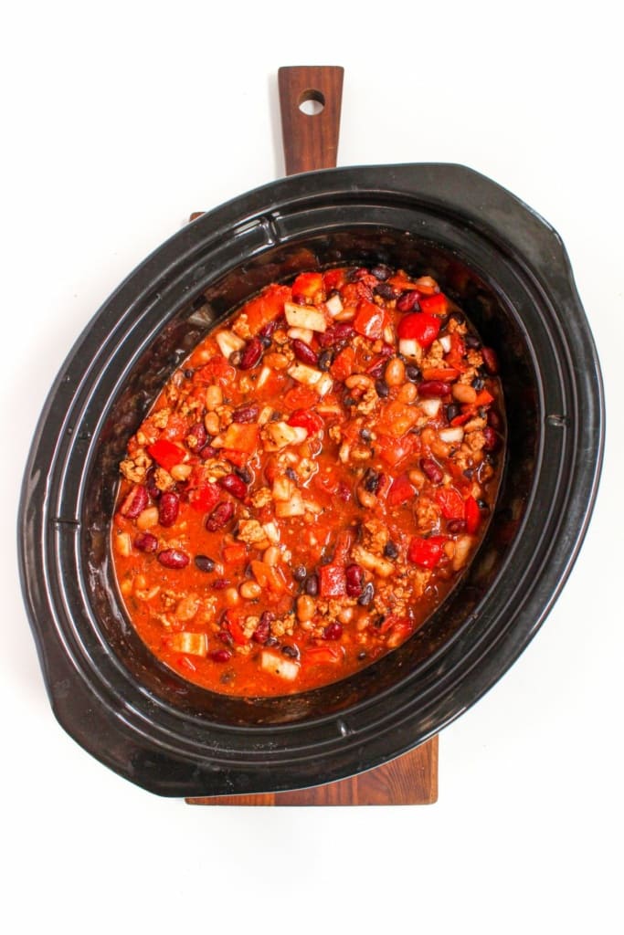 chili ingredients in a slow cooker