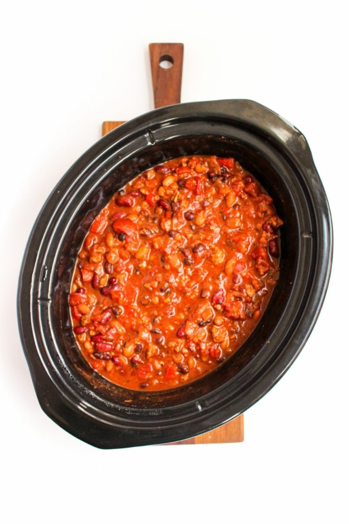 beans, vegetables, and ground turkey in a slow cooker
