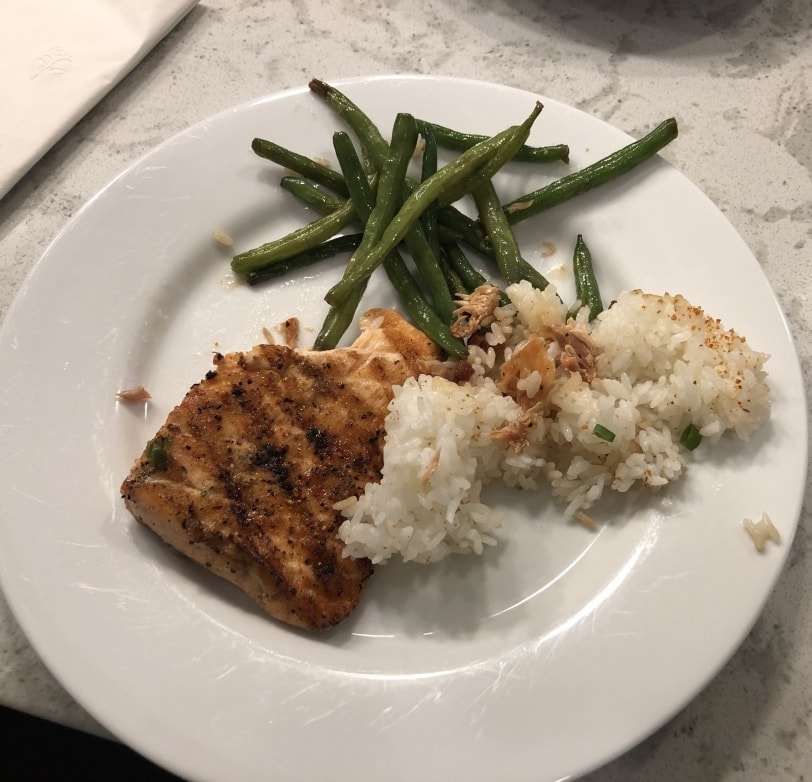 asian salmon with white rice and soy green beans