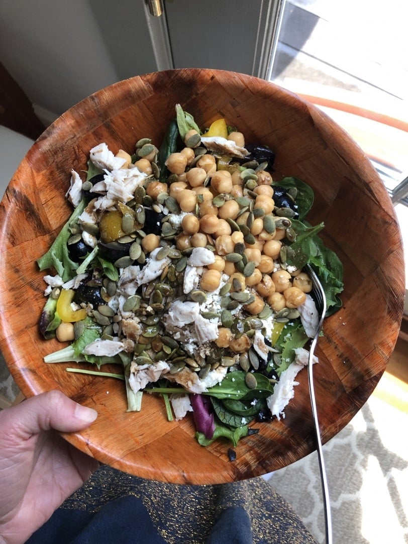 grain salad bowl with orzo, chickpeas, chicken, and veggies