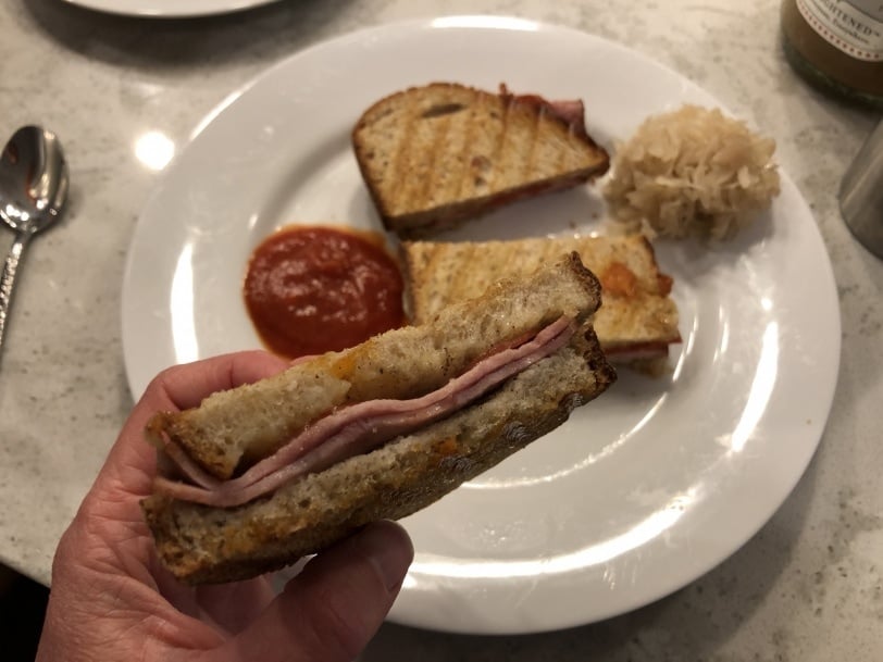 ham and pepperoni cheese sandwich with sauerkraut