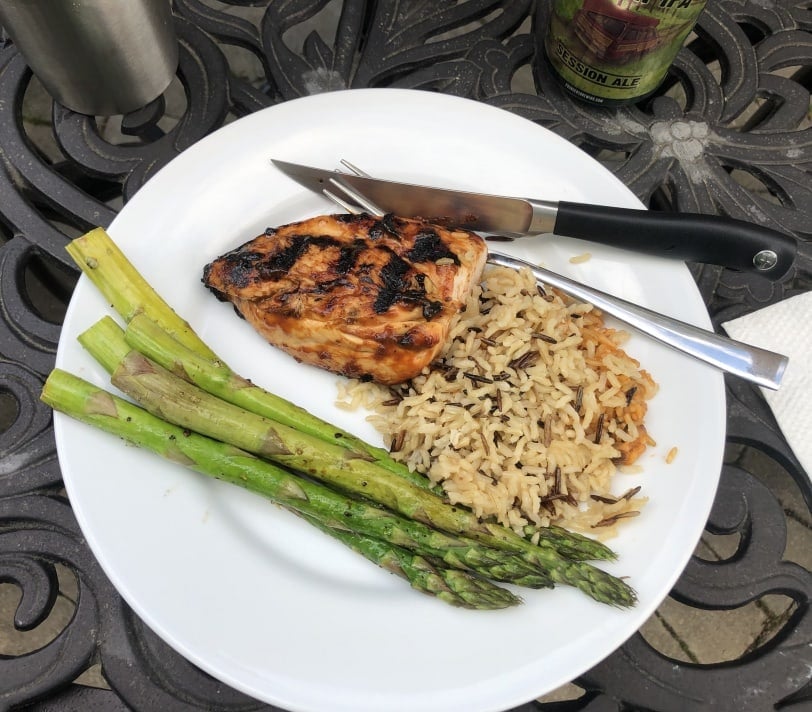 grilled marinated honey mustard chicken with grilled asparagus and rice