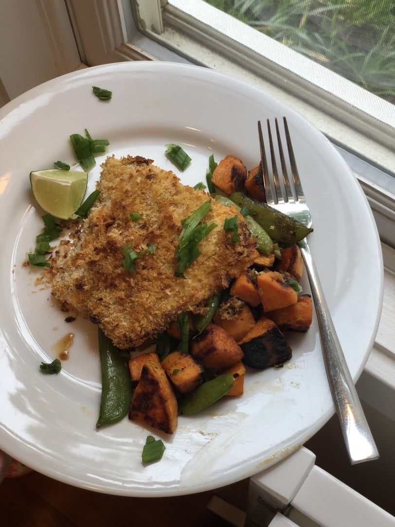 curry salmon with roasted sweet potatoes and snap peas