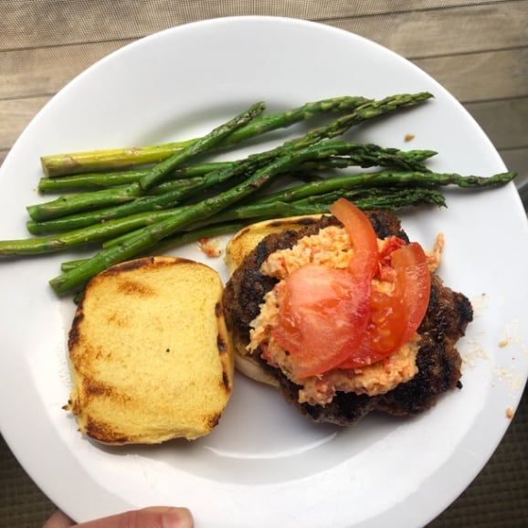 burgers with pimento cheese, tomato, and asparagus