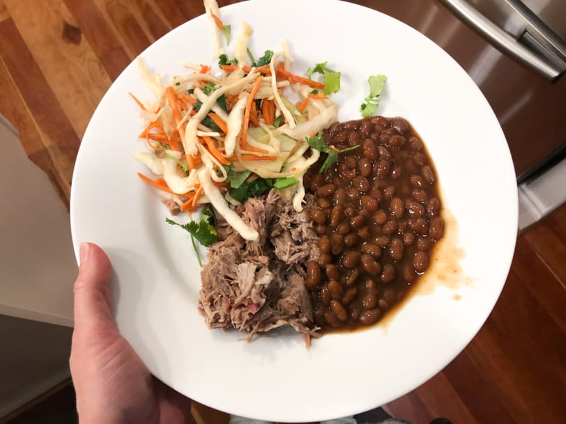 leftover pulled pork with baked beans and slaw