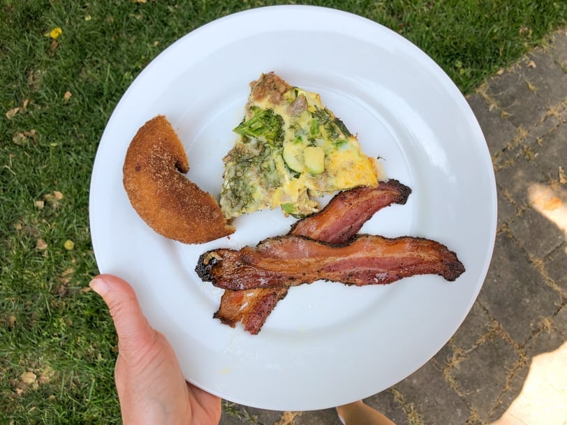 bacon, cider donut, and a veggie and sausage frittata