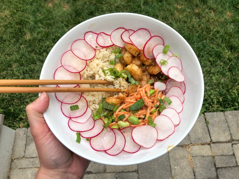 asian shrimp bowl with pretty radish design