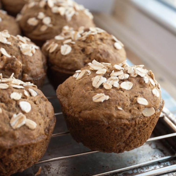 banana spelt breakfast muffins on a wire rack