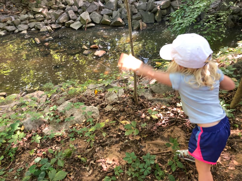 toddler throwing rocks into a stream