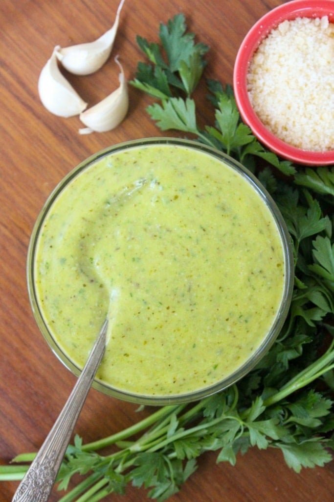 creamy parmesan dressing in a small glass bowl