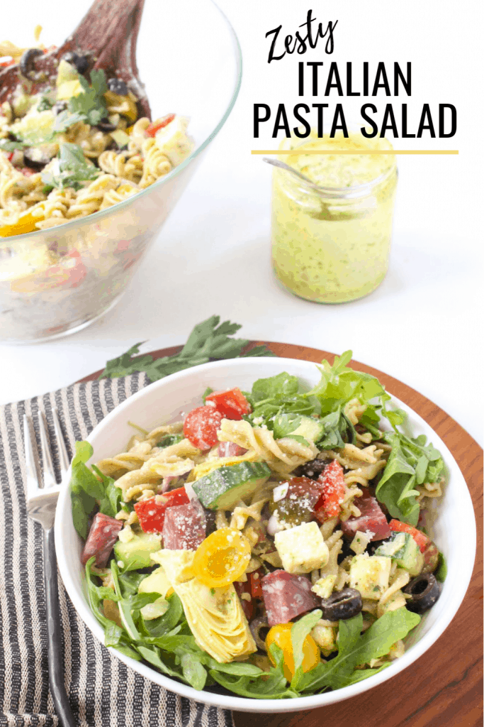 zesty Italian pasta salad in a bowl with homemade dressing