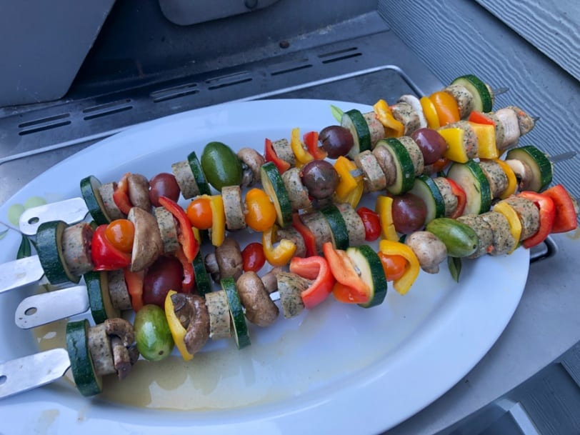 sausage and veggies on skewers for the grill