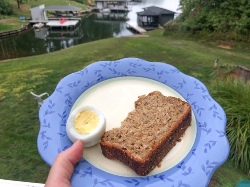 peanut butter banana bread with a hard boiled egg