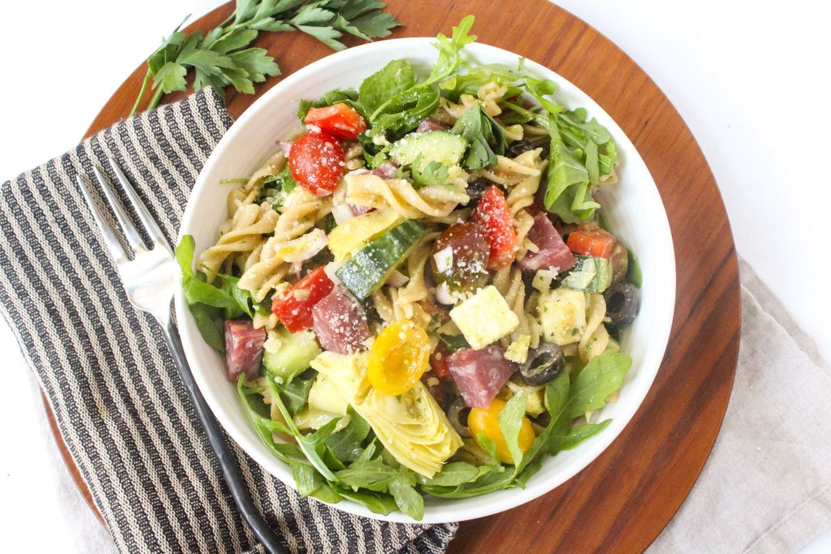 small bowl of pasta salad with Italian dressing